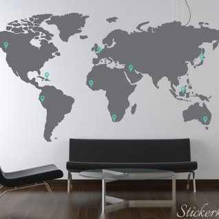 Muursticker wereldkaart met Google Maps pin points XL