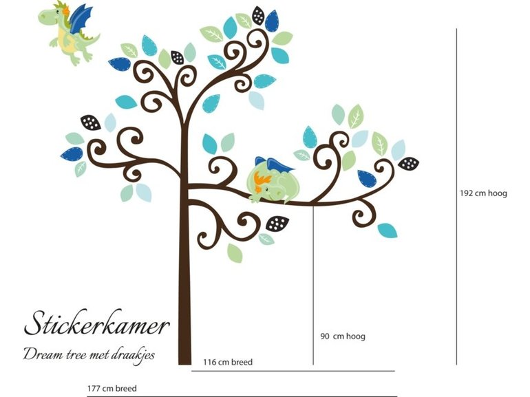 Muursticker boom met draakjes blauw / groen thema