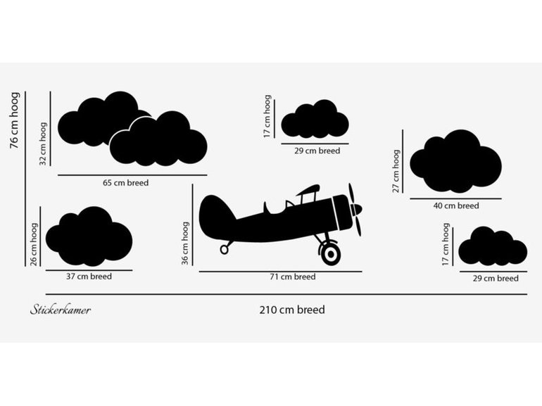 Muursticker vliegtuig met wolken jongenskamer (groot)