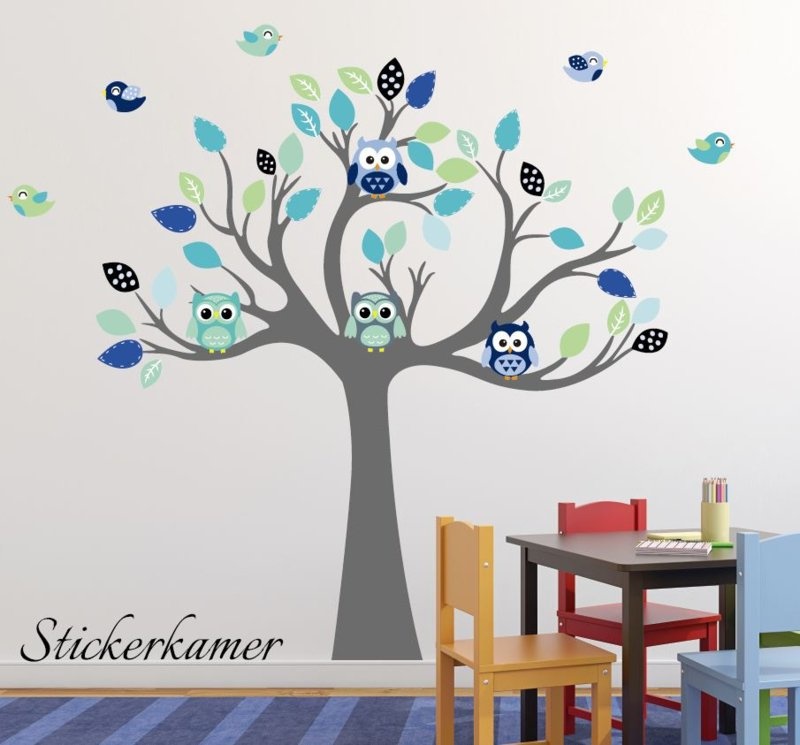 Muursticker boom met uilen en vogels babykamer / kinderkamer