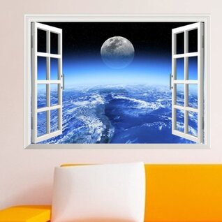 Muursticker raam met uitzicht op maan en aarde Muursticker raam met uitzicht op maan en aarde