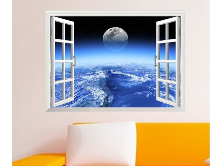 Muursticker raam met uitzicht op maan en aarde Muursticker raam met uitzicht op maan en aarde