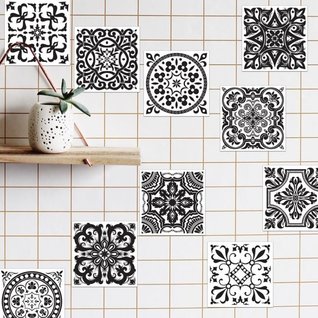 Muursticker tegels met sierlijk patroon zwart en wit 15cm x 15cm Muursticker tegels met sierlijk patroon zwart en wit 15cm x 15cm