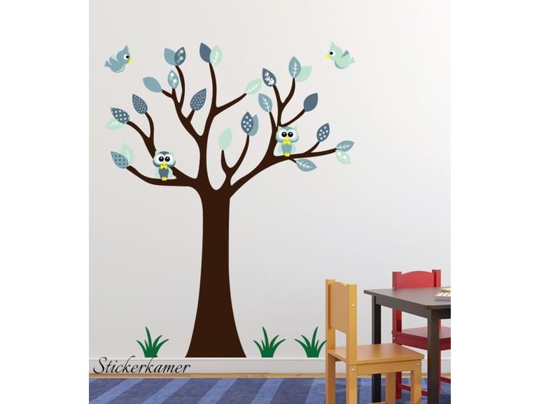 Muursticker boom met uilen en vogels mint babykamer