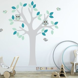 Muursticker cozy boom uilen en vogels kinderkamer mint - grijs - turquoise Muursticker cozy boom uilen en vogels kinderkamer mint - grijs - turquoise
