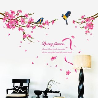 Muursticker roze bloesem boom en vogels Muursticker roze bloesem boom en vogels