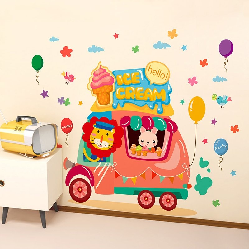 Muursticker ijsjes auto met dieren babykamer - kinderkamer