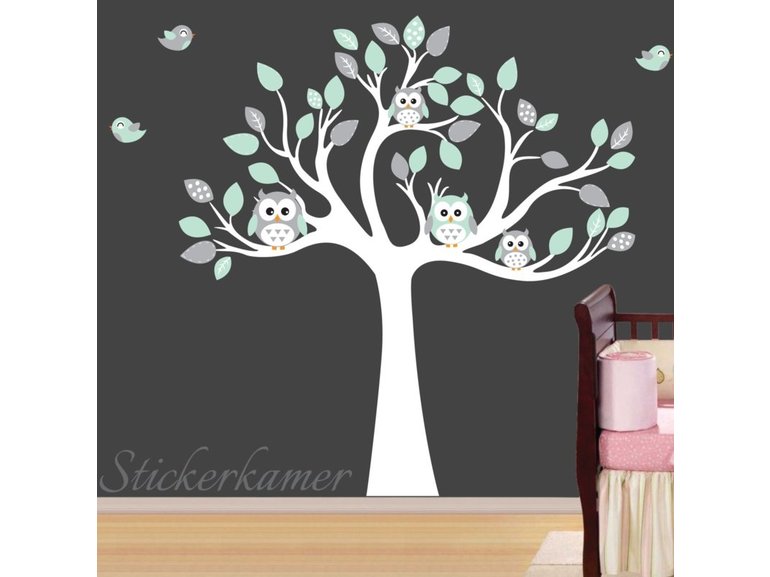 Muursticker boom met uilen mint babykamer / kinderkamer