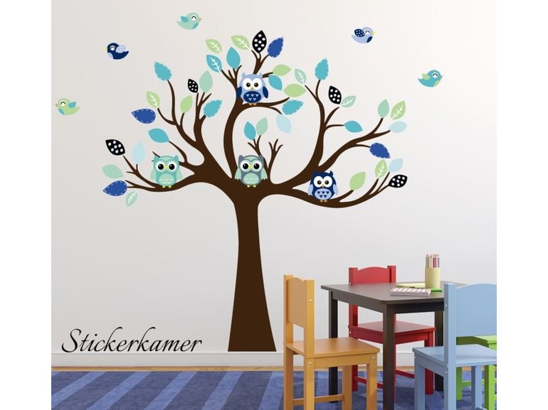 Muursticker boom met uilen en vogels babykamer