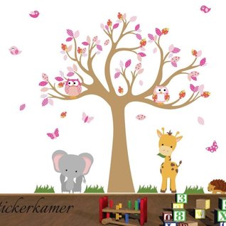 Muursticker boom met beesten meisjes roze thema kinderkamer Muursticker boom met beesten meisjes roze thema kinderkamer