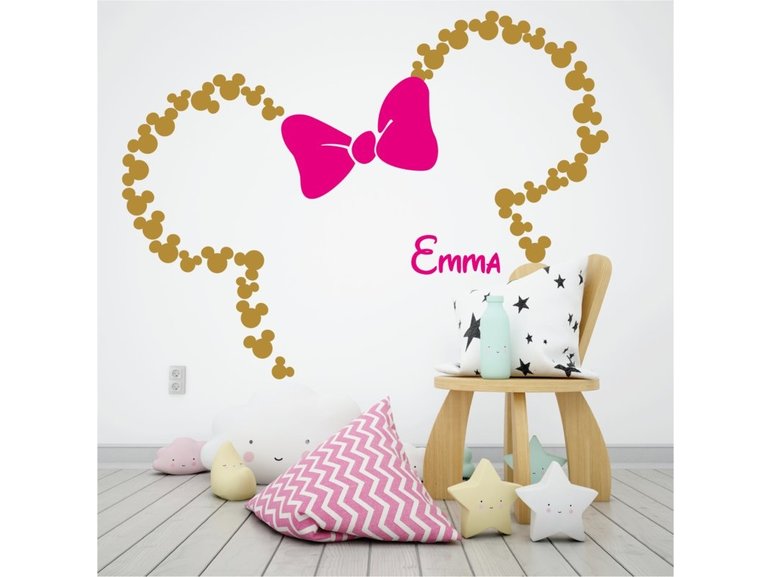 Muursticker Minnie mouse oren print / patroon + naam + strik kinderkamer