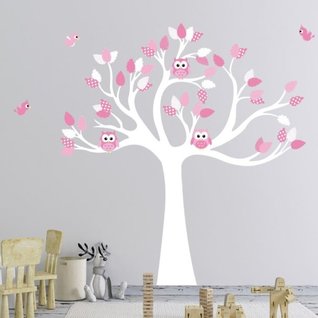 Muursticker boom met uilen en vogels (zacht roze)