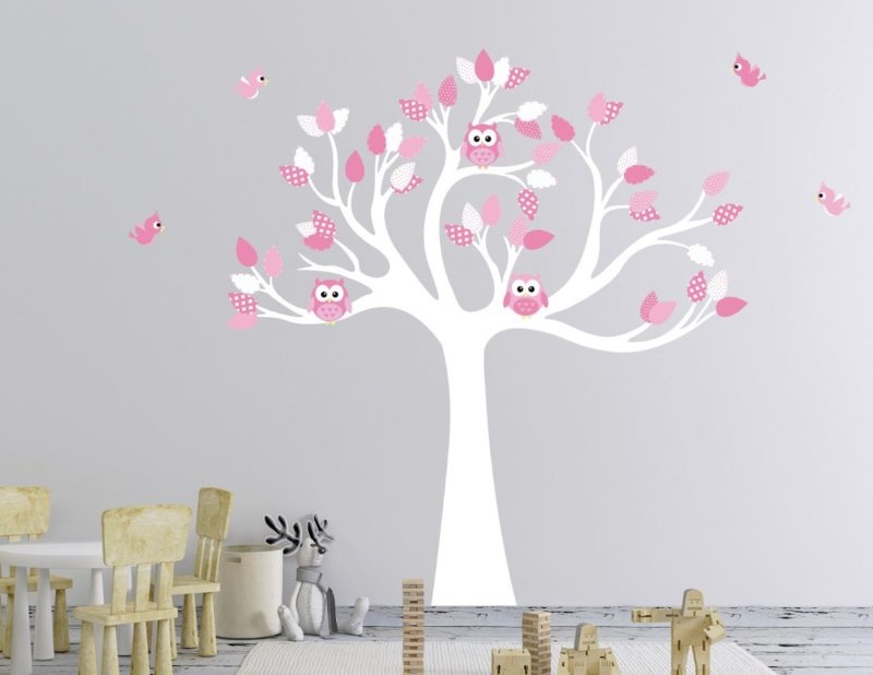 Muursticker boom met uilen en vogels (zacht roze)