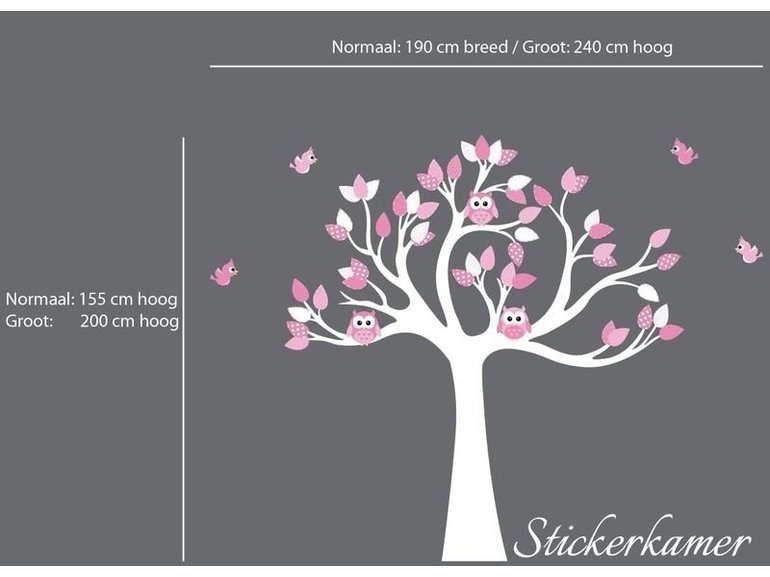 Muursticker boom met uilen en vogels (zacht roze)