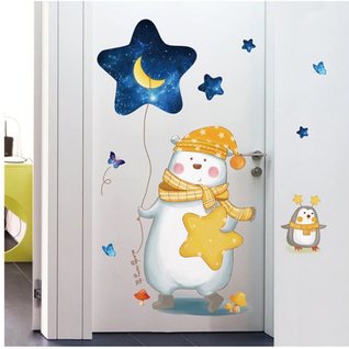 Muursticker beer met ballon en sterren ruimte kinderkamer