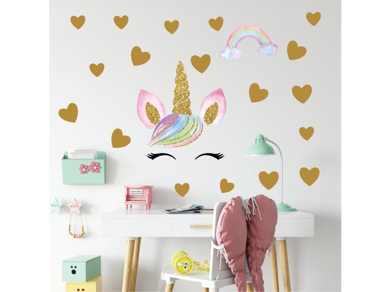 Muursticker unicorn - eenhoorn oogjes en hartjes meisjeskamer / babykamer