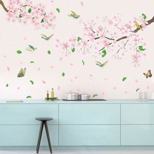 Muursticker boom / tak roze bloesem bladeren en vogels kinderkamer Muursticker boom / tak roze bloesem bladeren en vogels kinderkamer