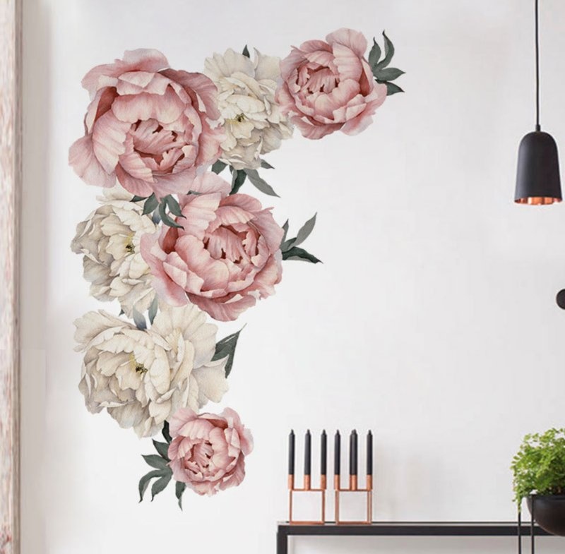 Muursticker pioenroos bloemen roze en wit slaapkamer