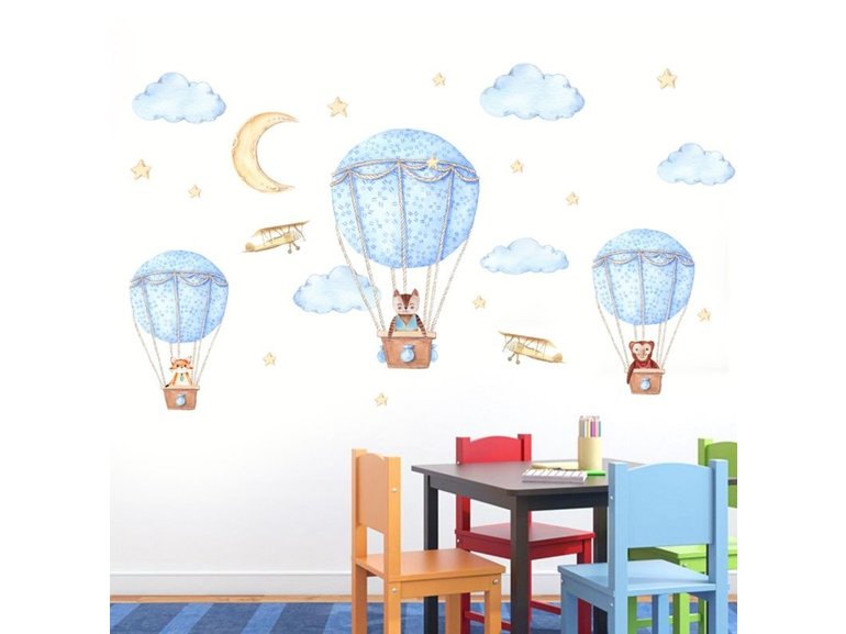 Luchtballon met beesten wolken en sterren kinderkamer (blauw)