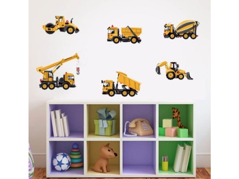 Muursticker auto's - wegenbouw kiepauto bouw voertuigen - wanddecoratie - kinderkamer - jongen