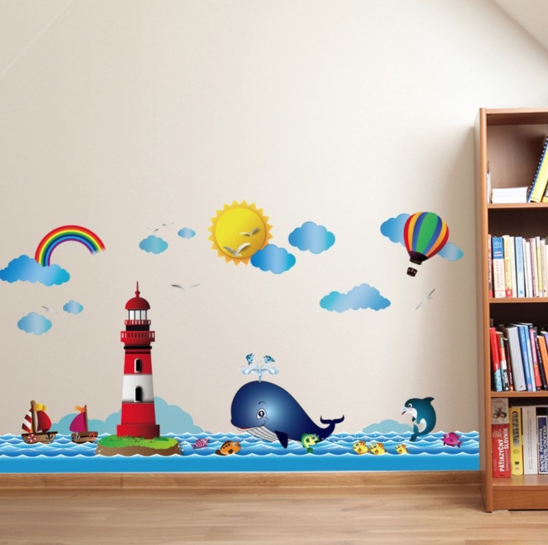 Muursticker zee / oceaan / vuurtoren / walvis / regenboog kinderkamer