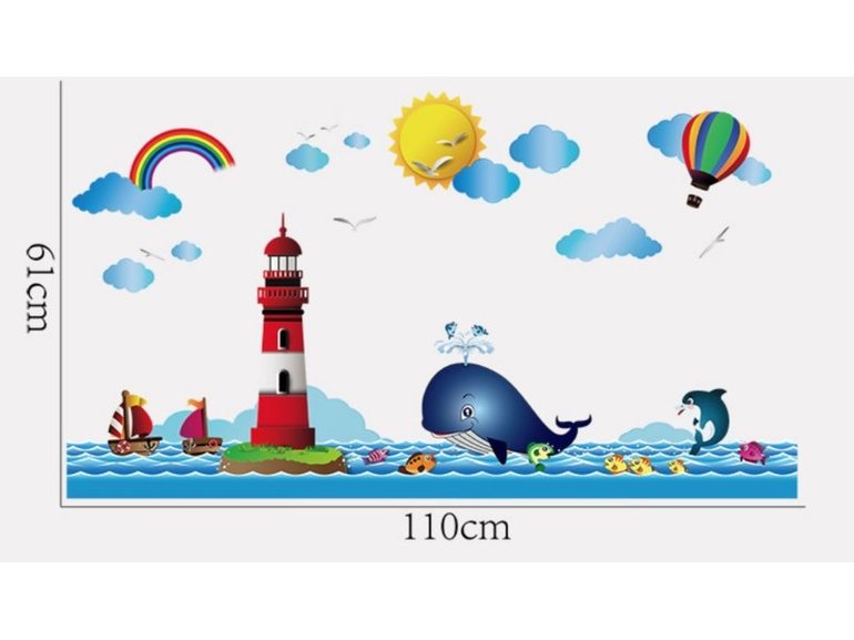 Muursticker zee / oceaan / vuurtoren / walvis / regenboog kinderkamer