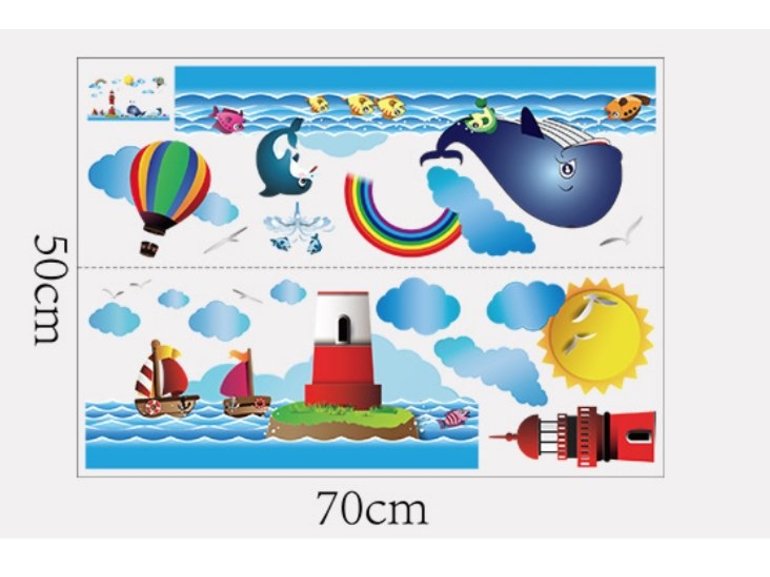 Muursticker zee / oceaan / vuurtoren / walvis / regenboog kinderkamer