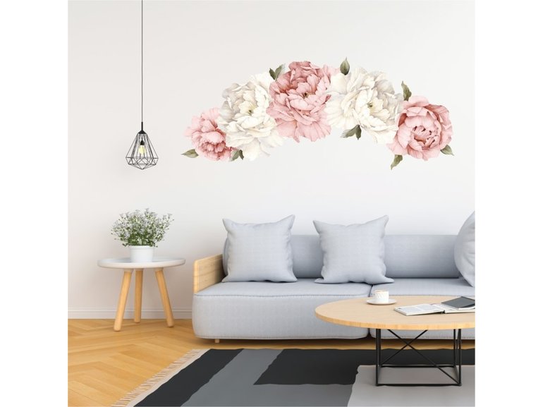 Muursticker pioenroos XL bloemen roze en wit babykamer