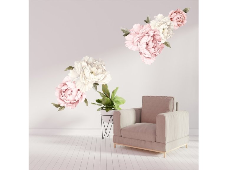 Muursticker pioenroos XL bloemen roze en wit