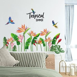 Muursticker tropische planten palmbladen en vogels Muursticker tropische planten palmbladen en vogels