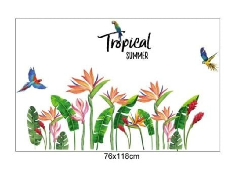 Muursticker tropische planten palmbladen en vogels