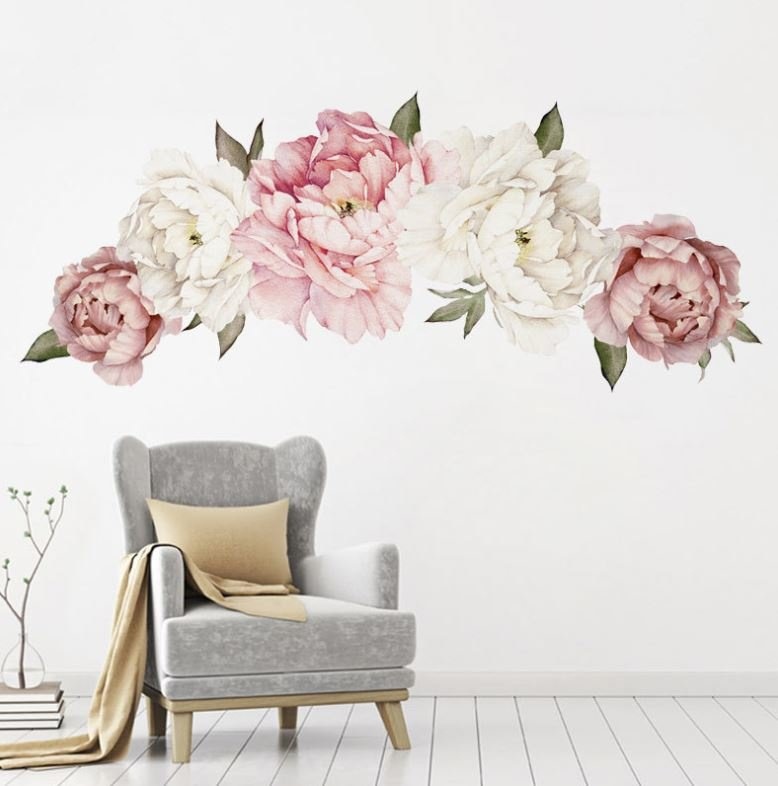 Muursticker pioenroos bloemen roze - wit decoratie babykamer - kinderkamer