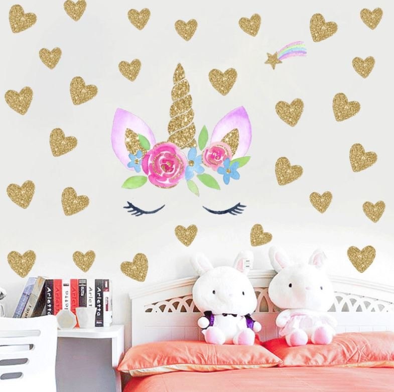 Muursticker unicorn - eenhoorn bloemetjes oogjes en hartjes meisjeskamer / babykamer