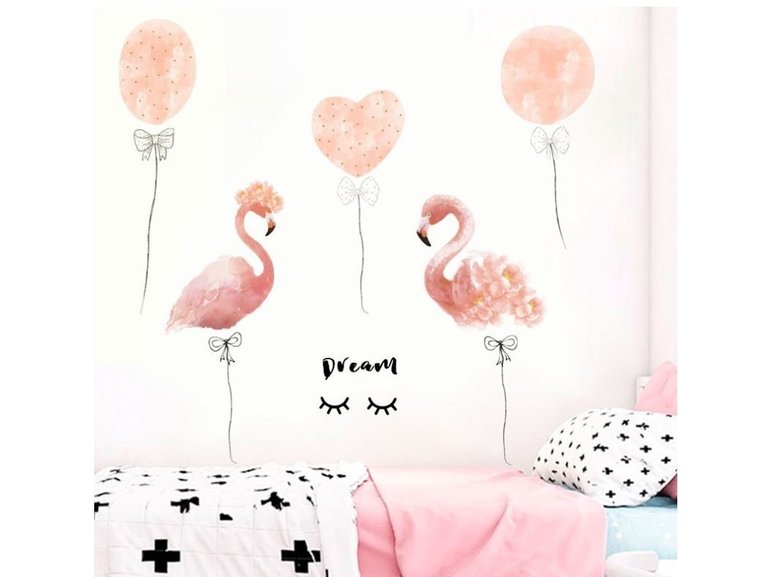 Muursticker flamingo en ballonnen roze kinderkamer