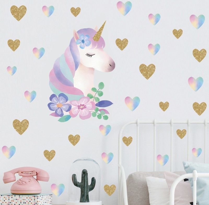 Muursticker unicorn - eenhoorn en hartjes meisjeskamer / babykamer