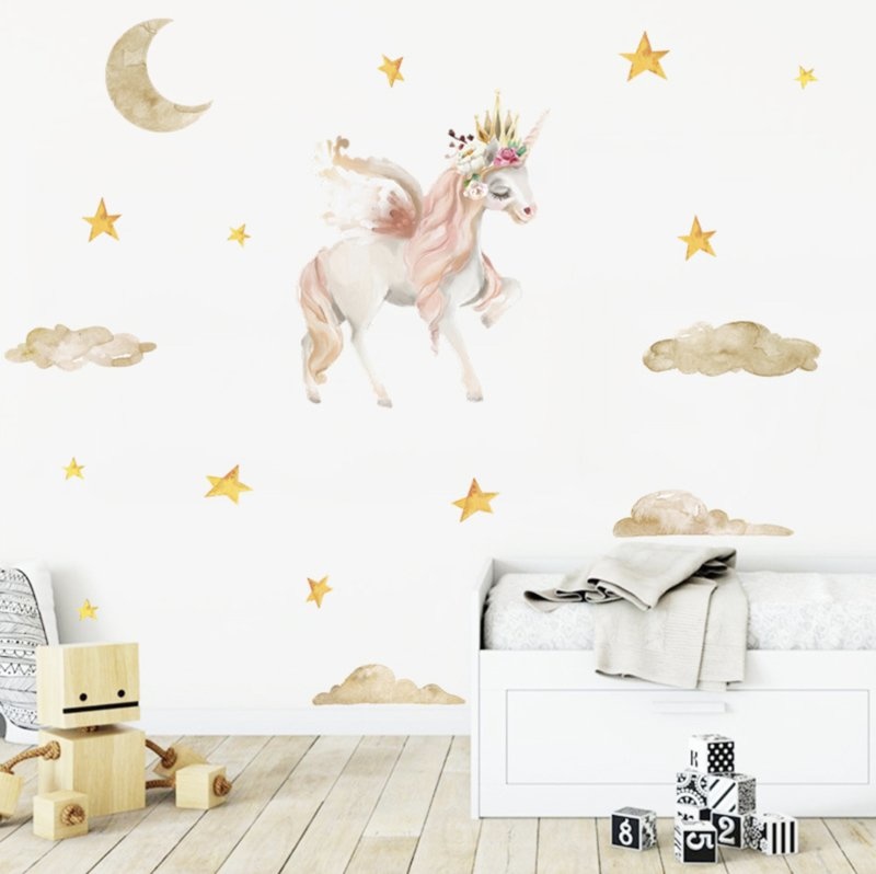 Muursticker unicorn - eenhoorn en sterren meisjeskamer / babykamer