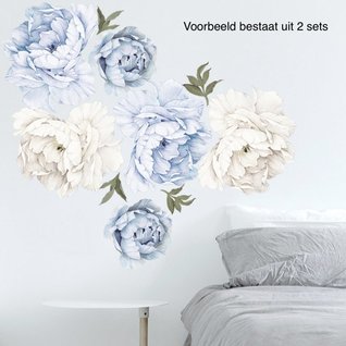 Muursticker pioen rozen / bloemen blauw - wit