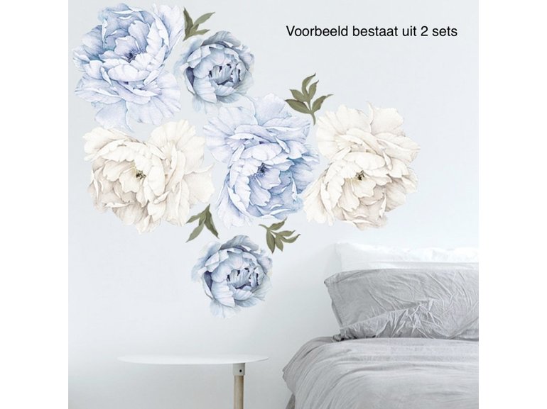 Muursticker pioen rozen / bloemen blauw - wit