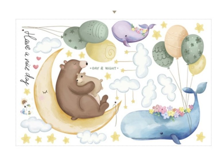 Muursticker beer op maan, walvis en ballonnen