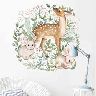 Muursticker bambi hert en konijntjes in bos kinderkamer