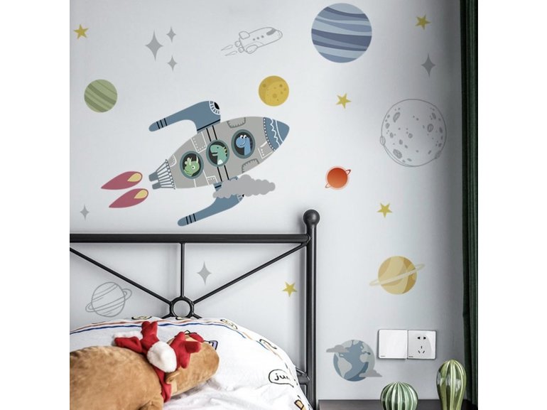 Muursticker ruimte raket en planeten kinderkamer jongen