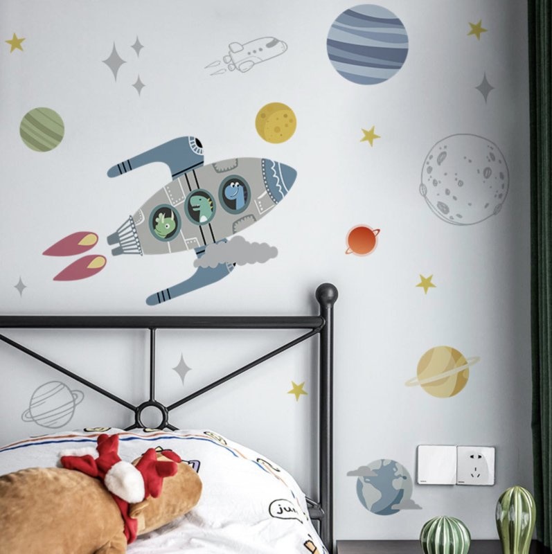 Muursticker ruimte raket en planeten kinderkamer jongen