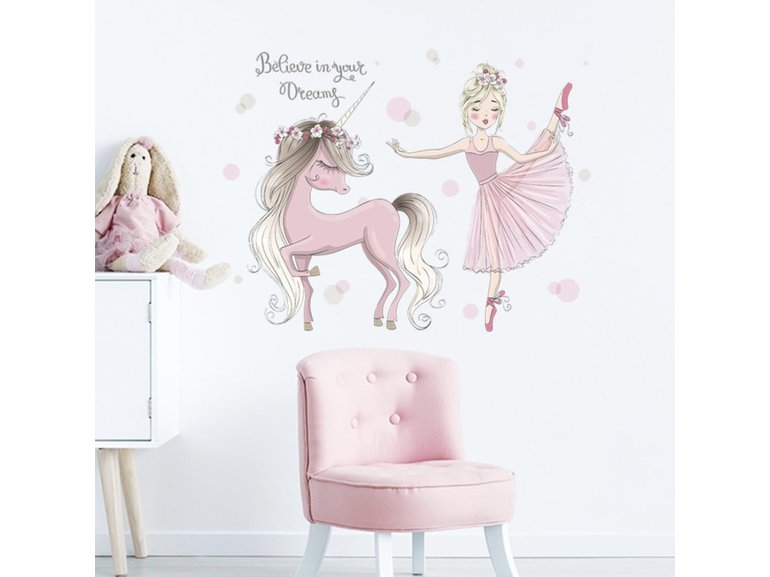Muursticker unicorn en prinses kinderkamer meisjes roze