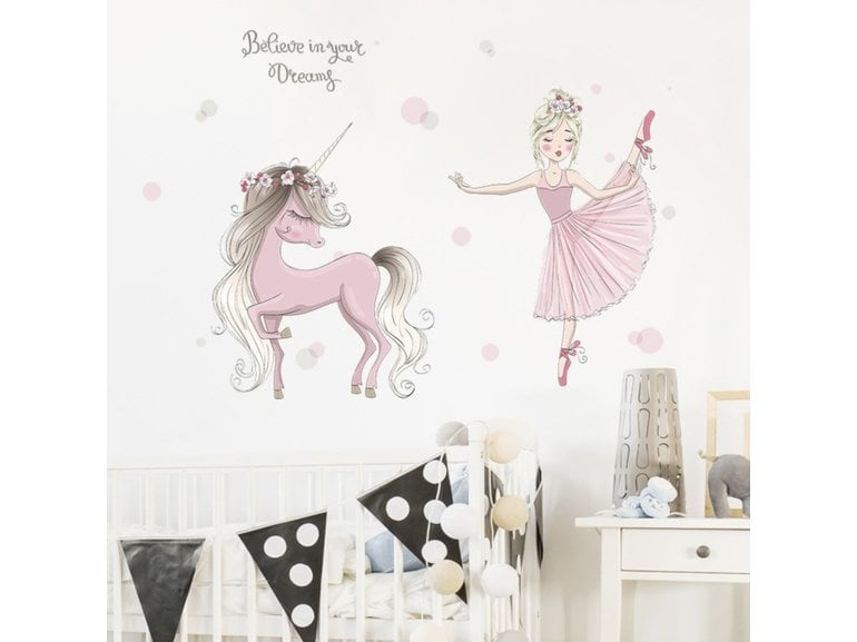 Muursticker unicorn en prinses kinderkamer meisjes roze