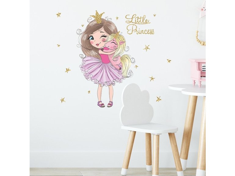 Muursticker unicorn en prinses kinderkamer meisjes roze