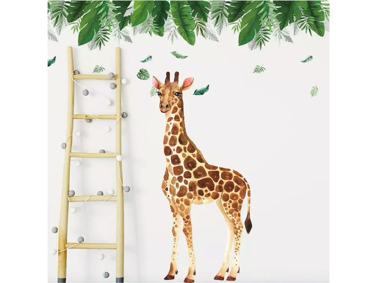Muursticker jungle giraffe afrika XL + tropische bladeren