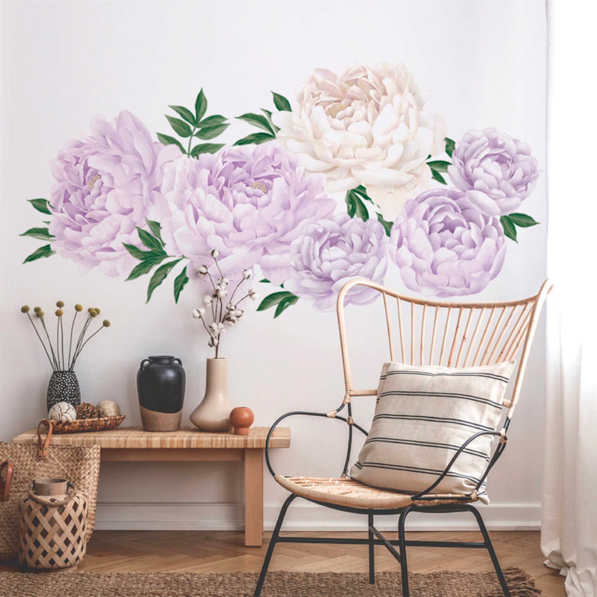 Muursticker bloemen rozen pioen paars XL babykamer