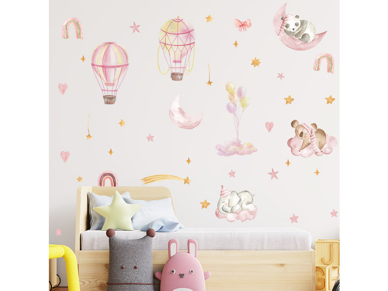 Muursticker babykamer dieren op wolken meisjes