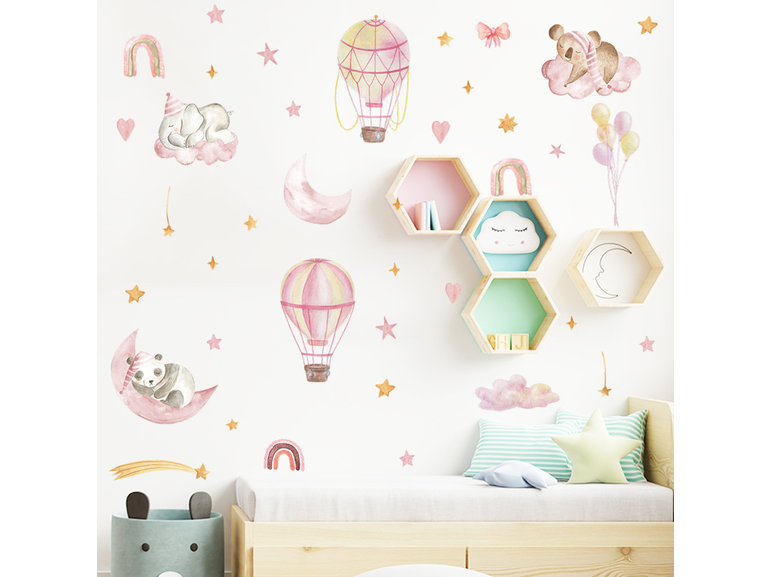 Muursticker babykamer dieren op wolken meisjes