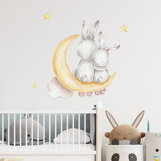 Muursticker konijntjes zittend op maan Muursticker konijntjes zittend op maan